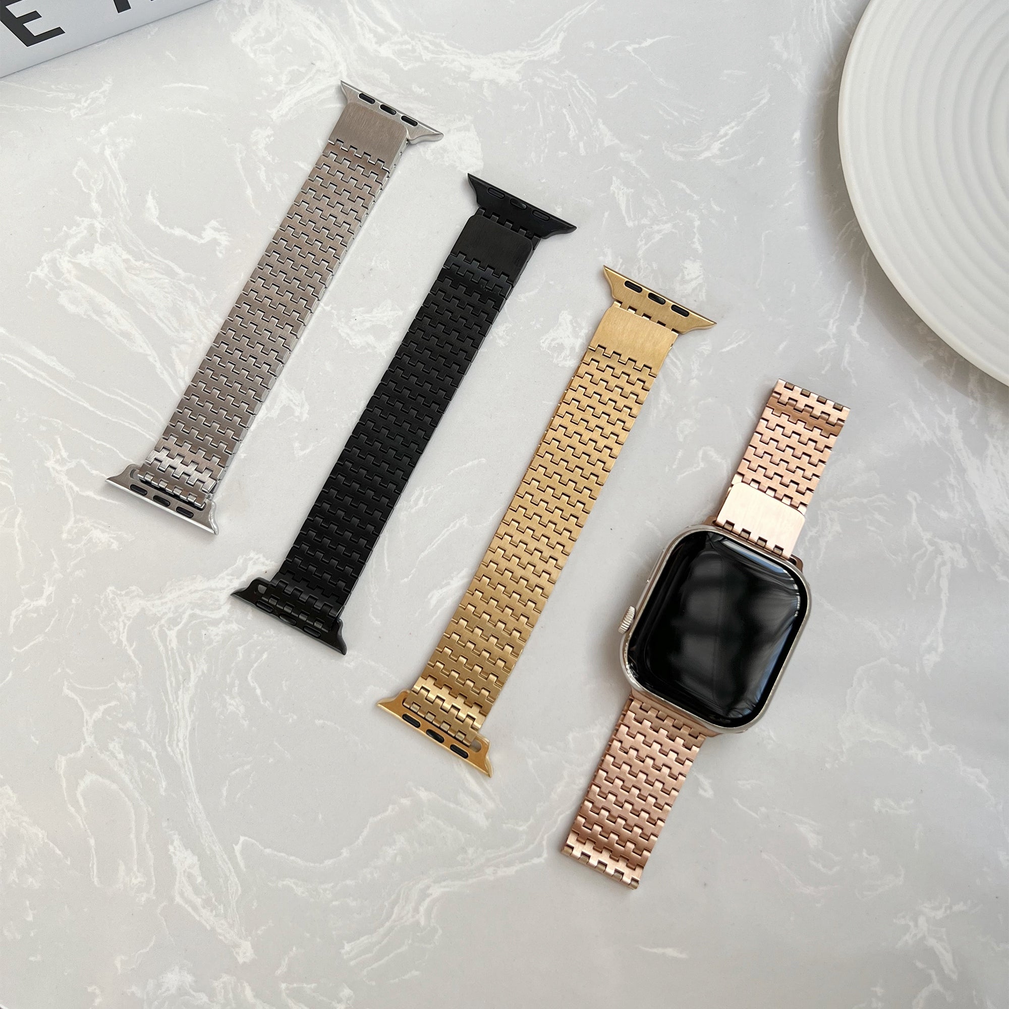 For Apple Watch Series 9 8 7 41mm / 6 5 4 SE (2022) SE (2023) SE 40mm / 3 2 1 38mm Magnetic Watch Strap 9-Bead Stainless Steel Band - Rose Gold For Apple Watch Series 9 8 7 41mm / 6 5 4 SE (2022) SE (2023) SE 40mm / 3 2 1 38mm Magnetic Watch Strap 9-Bead Stainless Steel Band - Rose Gold